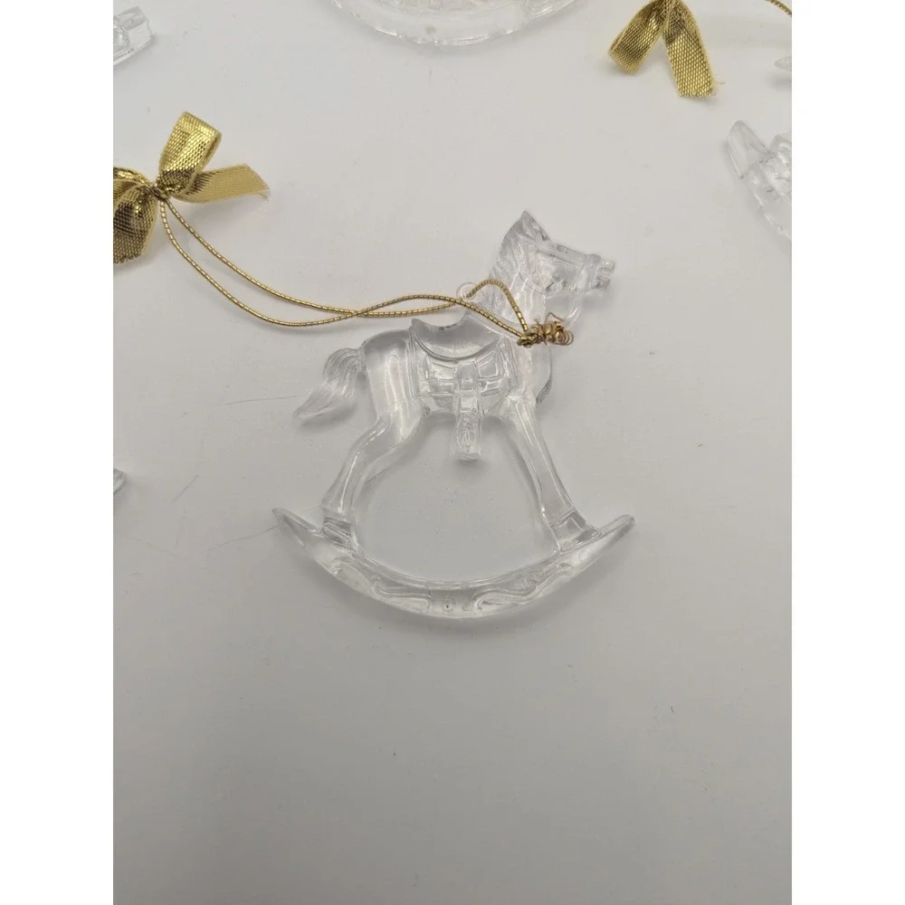 Set of 5 Vtg Avon Clear Acrylic Rocking Horse Christmas Ornaments Gold Bows‎
